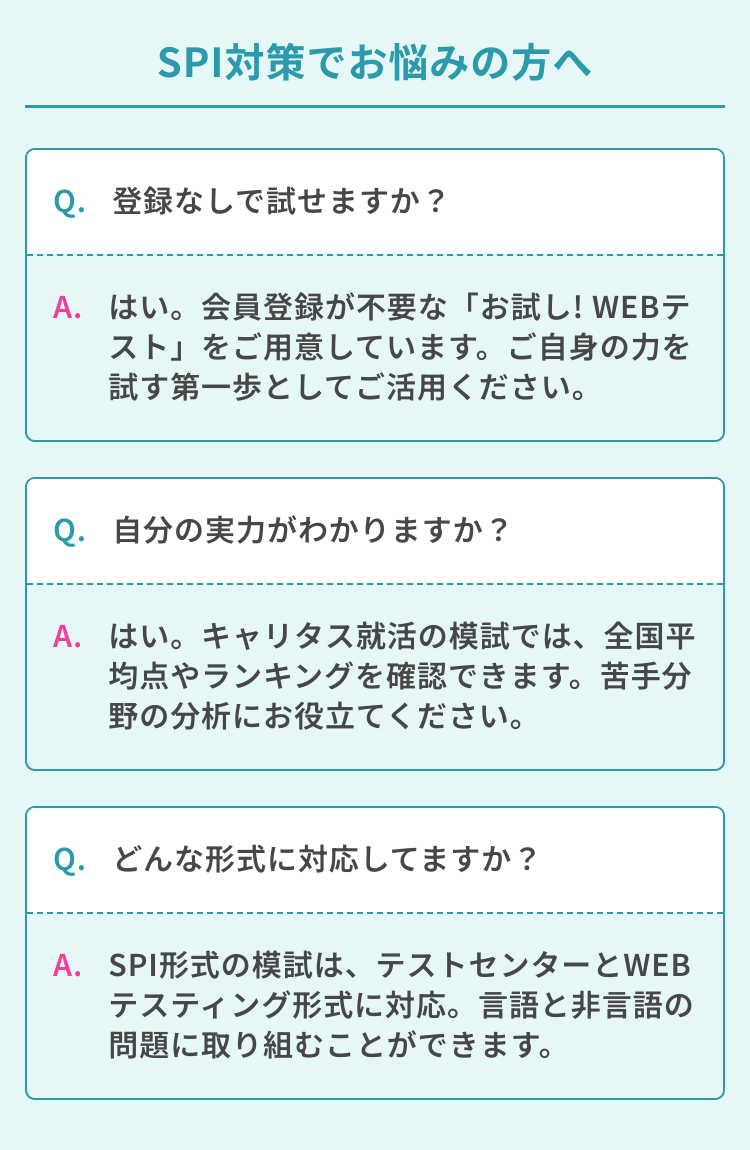 SPI対策でお悩みの方へ
Q. 登録なしで試せますか?
A. はい。 会員登録が不要な 「お試し! WEBテ
スト」 をご用意しています。 ご自身の力を
試す第一歩としてご活用ください。
Q. 自分の実力がわかりますか?
A.はい。キャリタス就活の模試では、全国平
均点やランキングを確認できます。 苦手分
野の分析にお役立てください。
Q.どんな形式に対応してますか?
A. SPI形式の模試は、テストセンターとWEB
テスティング形式に対応。 言語と非言語の
問題に取り組むことができます。